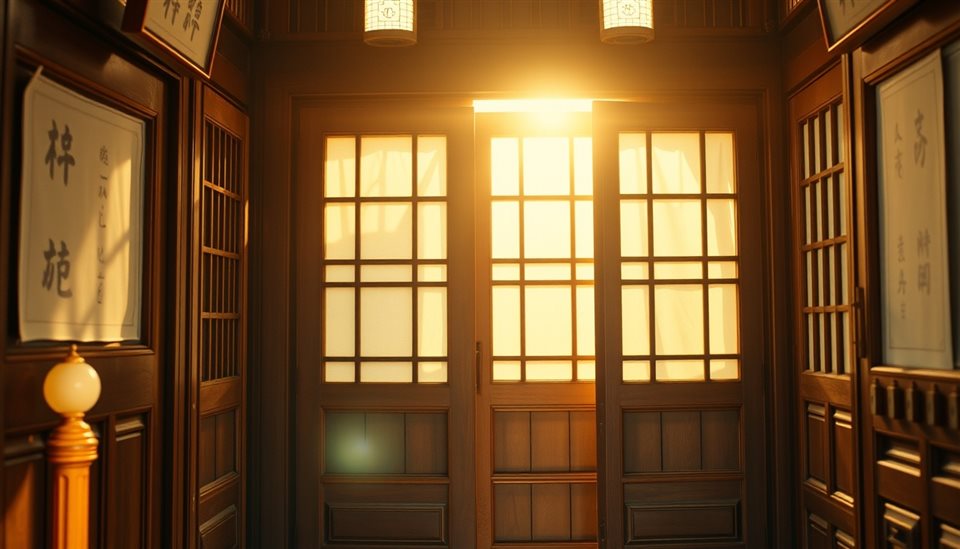 Cinematic film still of Traditional wooden sliding doors and paper windows with warm sunlight filtering inside, close-up detail with shallow depth of field, vivid colors, high contrast, energetic, 16:9 aspect ratio