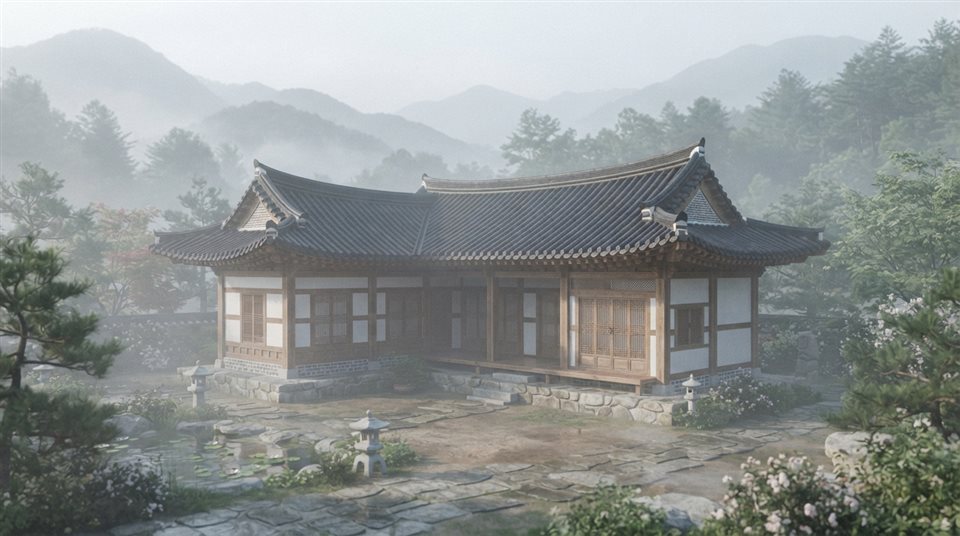 Soft 3D render of a traditional Korean hanok house with curved tiled roofs and a courtyard, centered subject with a simple uncluttered composition, misty morning haze, dreamy, 16:9 aspect ratio