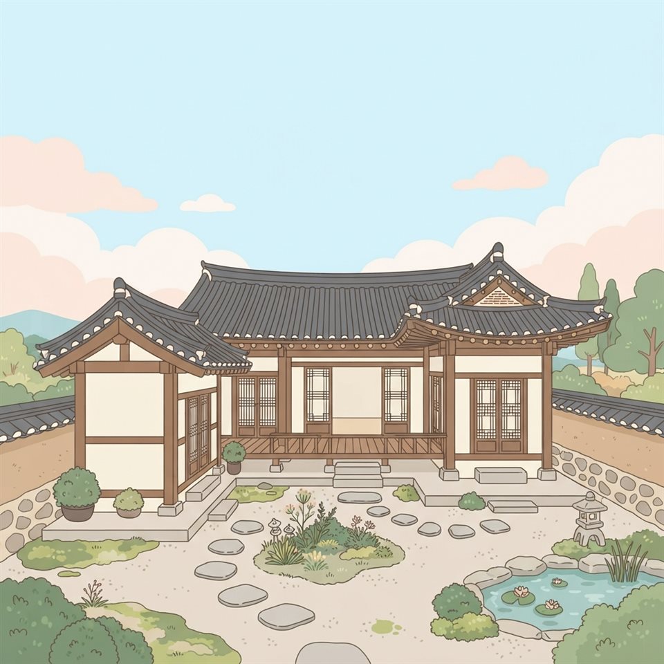 Minimal flat illustration of a traditional Korean hanok house with curved tiled roofs and a courtyard, wide shot with open space at the top for text, soft pastel colors, bright and cozy, 1:1 aspect ratio