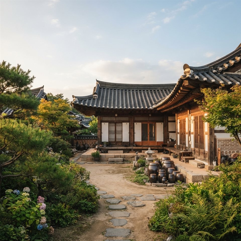 Photorealistic photo of a traditional Korean hanok house with curved tiled roofs and a courtyard, wide shot with open space at the top for text, warm golden light, calm mood, 1:1 aspect ratio