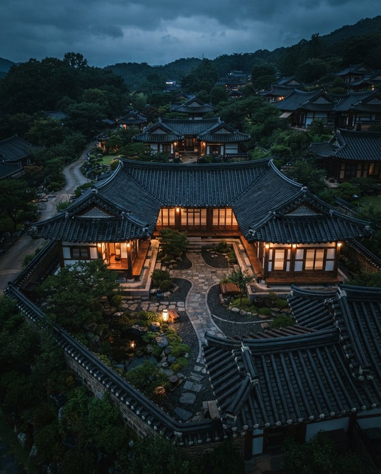 Photorealistic photo of a traditional Korean hanok house with curved tiled roofs and a courtyard, high-angle view from above, moody dark tones, dramatic lighting, 4:5 aspect ratio