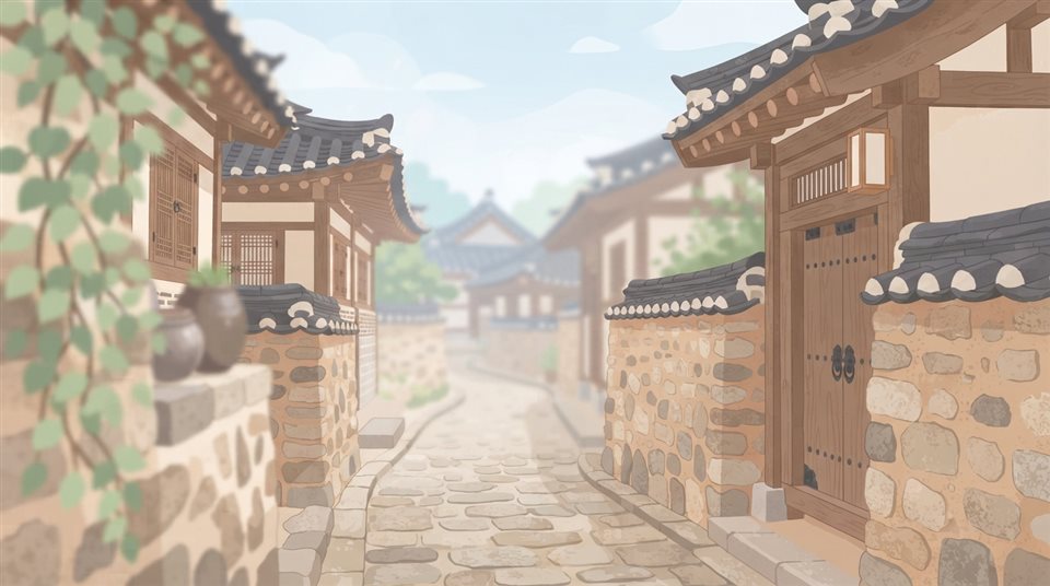 Minimal flat illustration of a quiet hanok village alley with stone walls and tiled roofs, close-up detail with shallow depth of field, soft pastel colors, bright and cozy, 16:9 aspect ratio