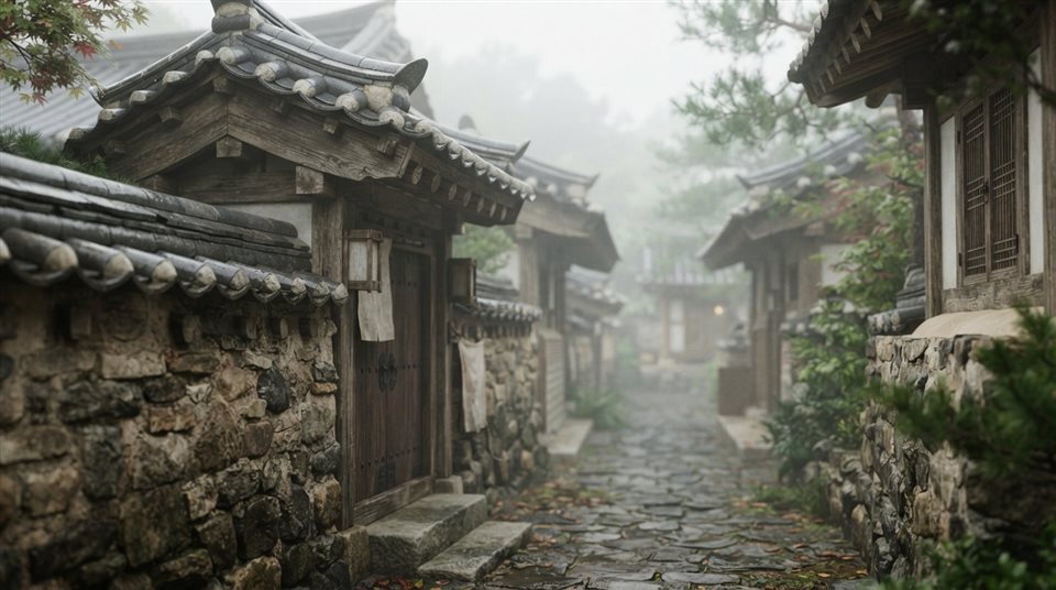 Soft 3D render of a quiet hanok village alley with stone walls and tiled roofs, close-up detail with shallow depth of field, misty morning haze, dreamy, 16:9 aspect ratio
