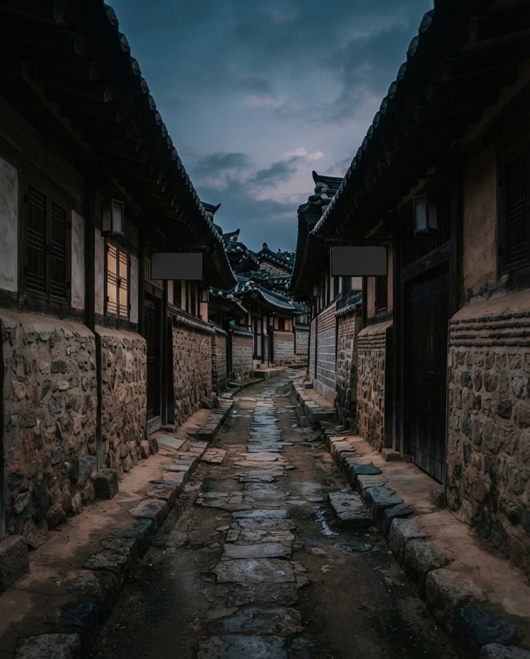 Photorealistic photo of a quiet hanok village alley with stone walls and tiled roofs, centered subject with a simple uncluttered composition, moody dark tones, dramatic lighting, 4:5 aspect ratio