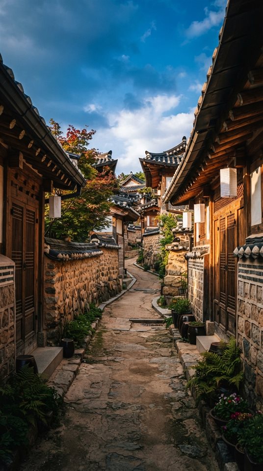 Cinematic film still of a quiet hanok village alley with stone walls and tiled roofs, wide shot with open space at the top for text, vivid colors, high contrast, energetic, 9:16 aspect ratio