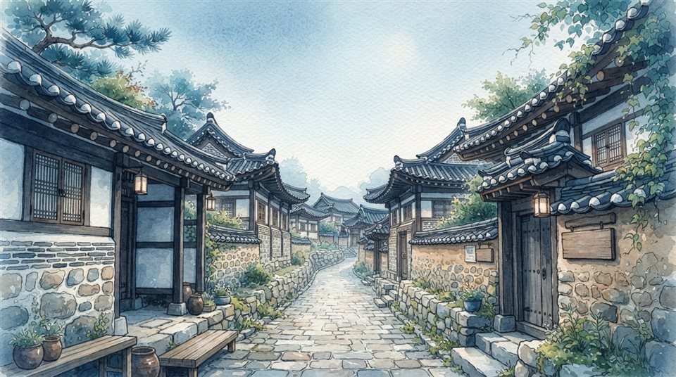 돌담과 기와지붕이 이어진 조용한 한옥 마을 골목, 수채화 일러스트, 위쪽에 글자 넣을 여백이 있는 넓은 구도, 차가운 푸른 톤, 고요한 분위기, 16:9 비율
