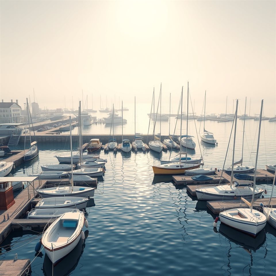 Soft 3D render of A peaceful coastal harbor filled with small docked boats and calm blue water under the morning sun., wide shot with open space at the top for text, misty morning haze, dreamy, 1:1 aspect ratio