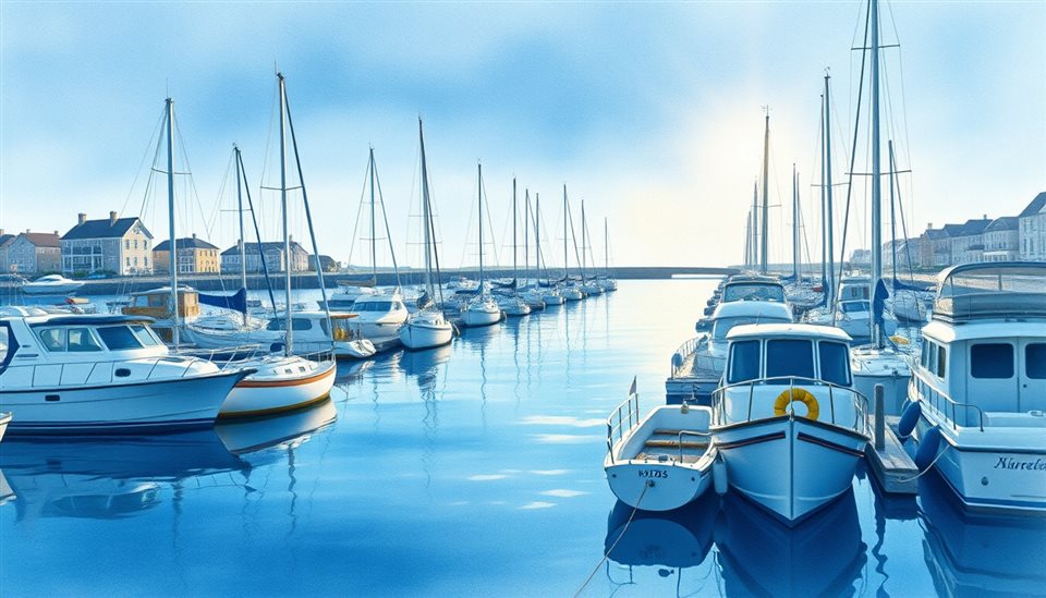 Watercolor illustration of A peaceful coastal harbor filled with small docked boats and calm blue water under the morning sun., close-up detail with shallow depth of field, cool blue tones, quiet atmosphere, 16:9 aspect ratio