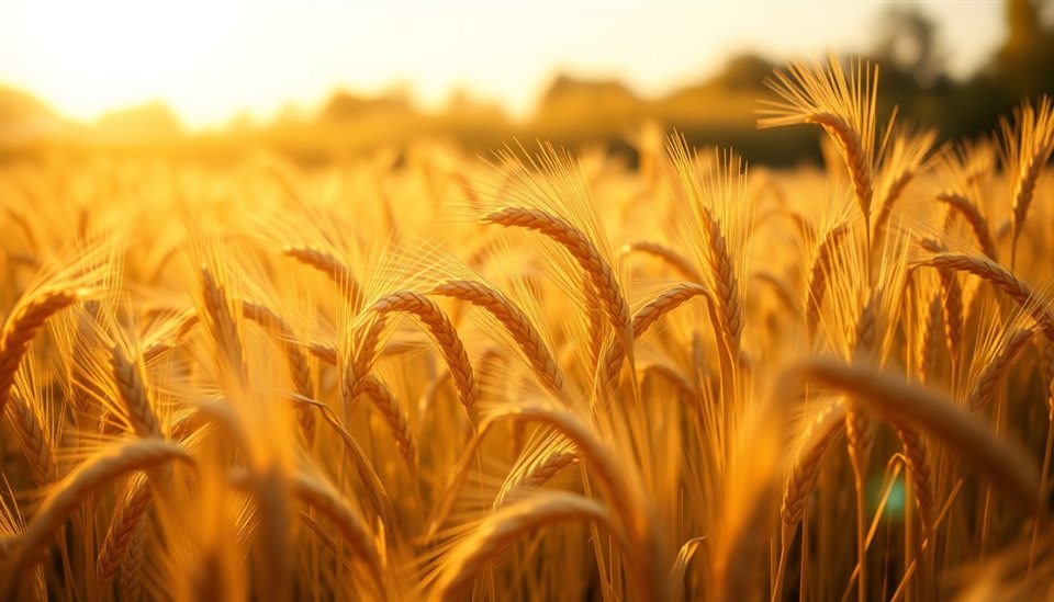 Photorealistic photo of Golden wheat stalks ready for harvest swaying gently in a sunlit autumn farm field, close-up detail with shallow depth of field, warm golden light, calm mood, 16:9 aspect ratio