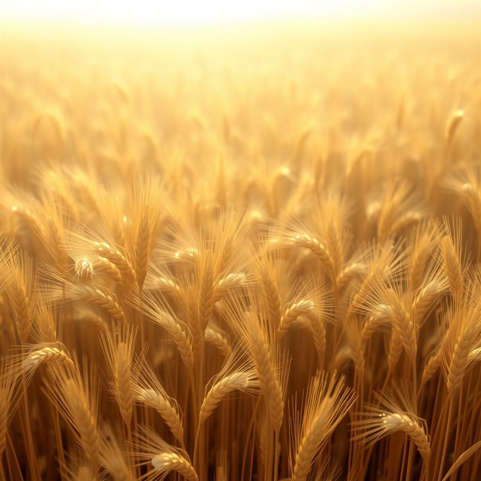 Soft 3D render of Golden wheat stalks ready for harvest swaying gently in a sunlit autumn farm field, high-angle view from above, misty morning haze, dreamy, 1:1 aspect ratio