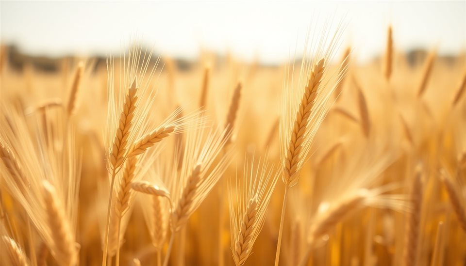 Minimal flat illustration of Golden wheat stalks ready for harvest swaying gently in a sunlit autumn farm field, close-up detail with shallow depth of field, soft pastel colors, bright and cozy, 16:9 aspect ratio