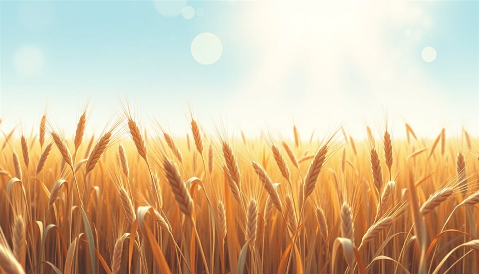 Watercolor illustration of Golden wheat stalks ready for harvest swaying gently in a sunlit autumn farm field, wide shot with open space at the top for text, cool blue tones, quiet atmosphere, 16:9 aspect ratio