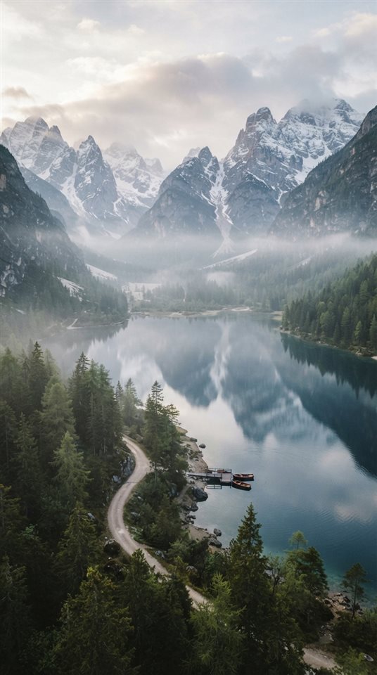 Cinematic film still of ultra detailed majestic mountain lake landscape, high-angle view from above, misty morning haze, dreamy, 9:16 aspect ratio