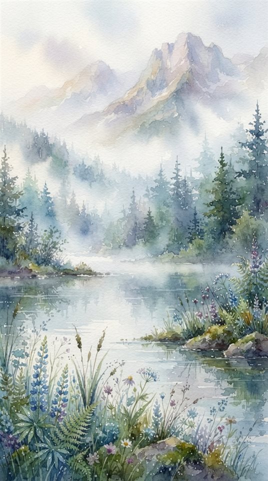Watercolor illustration of ultra detailed majestic mountain lake landscape, close-up detail with shallow depth of field, misty morning haze, dreamy, 9:16 aspect ratio