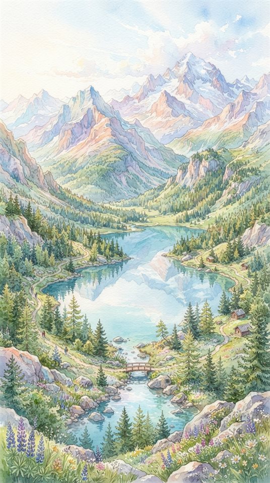 Watercolor illustration of ultra detailed majestic mountain lake landscape, high-angle view from above, soft pastel colors, bright and cozy, 9:16 aspect ratio