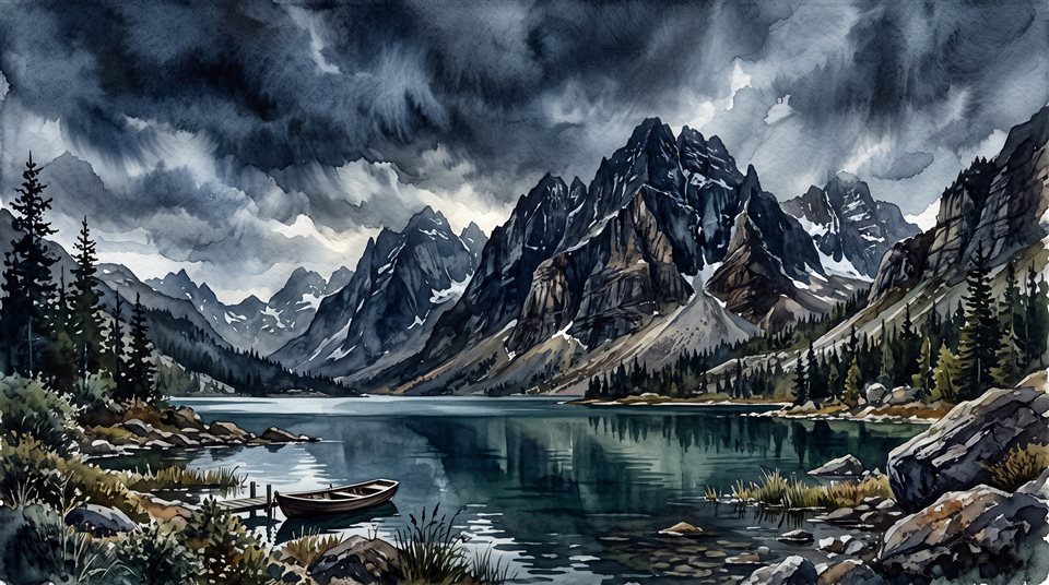 Watercolor illustration of ultra detailed majestic mountain lake landscape, wide shot with open space at the top for text, moody dark tones, dramatic lighting, 16:9 aspect ratio