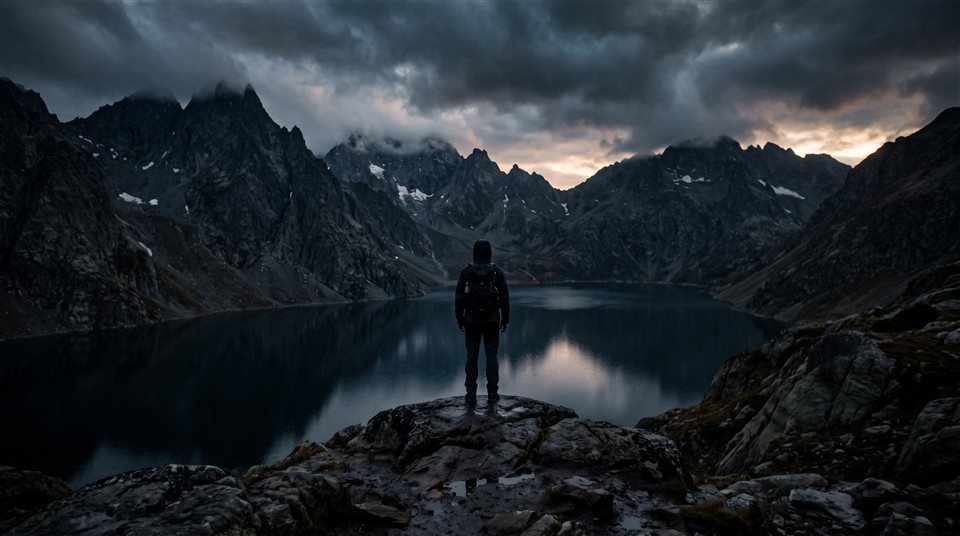 Cinematic film still of ultra detailed majestic mountain lake landscape, centered subject with a simple uncluttered composition, moody dark tones, dramatic lighting, 16:9 aspect ratio