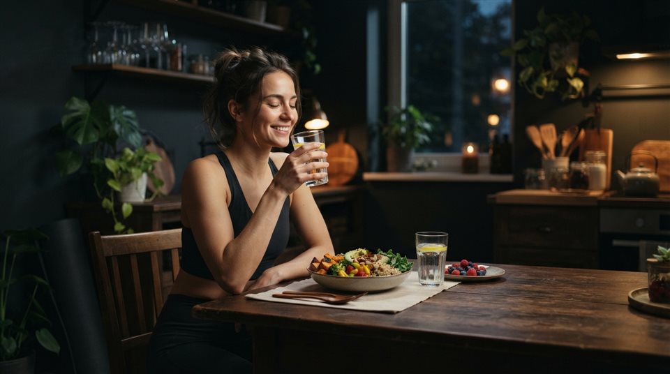 Photorealistic photo of healthy lifestyle with fresh food and a glass of water, wide shot with open space at the top for text, moody dark tones, dramatic lighting, 16:9 aspect ratio