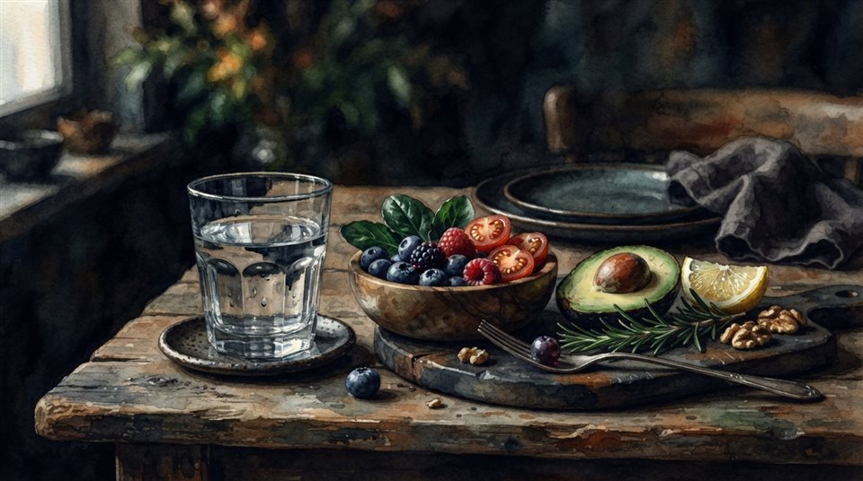Watercolor illustration of healthy lifestyle with fresh food and a glass of water, close-up detail with shallow depth of field, moody dark tones, dramatic lighting, 16:9 aspect ratio