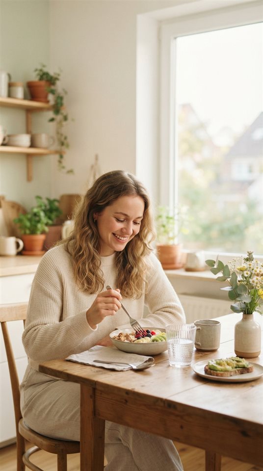 Cinematic film still of healthy lifestyle with fresh food and a glass of water, wide shot with open space at the top for text, soft pastel colors, bright and cozy, 9:16 aspect ratio