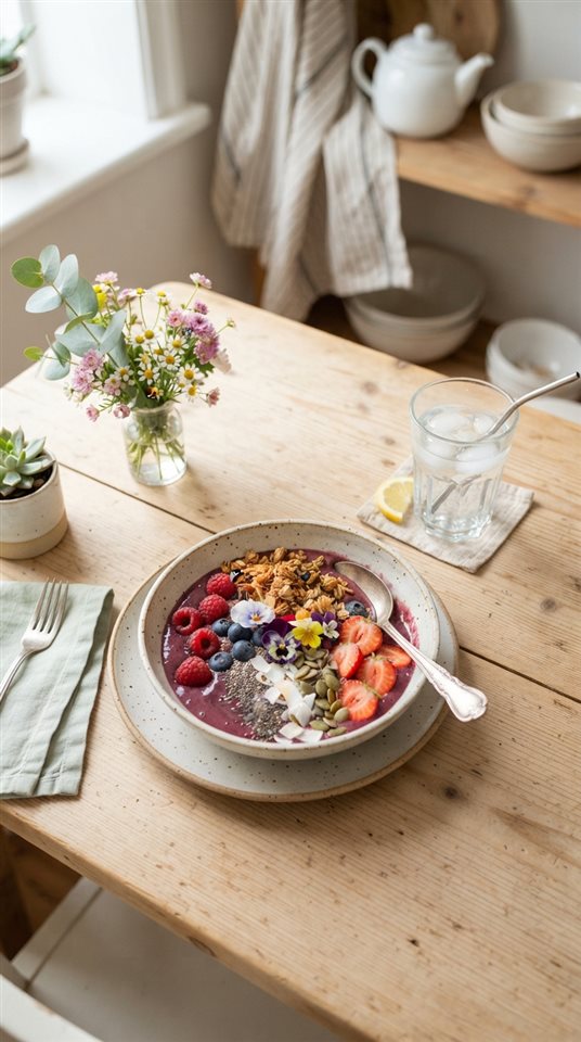 Photorealistic photo of healthy lifestyle with fresh food and a glass of water, high-angle view from above, soft pastel colors, bright and cozy, 9:16 aspect ratio