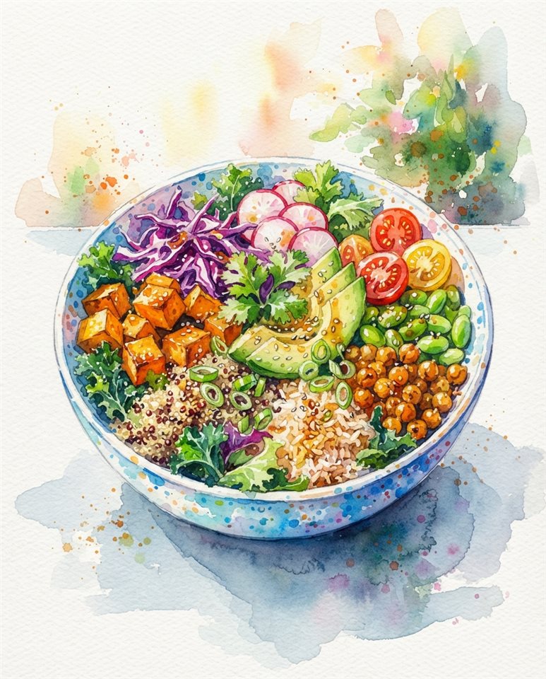 Watercolor illustration of a healthy colorful meal bowl, centered subject with a simple uncluttered composition, vivid colors, high contrast, energetic, 4:5 aspect ratio