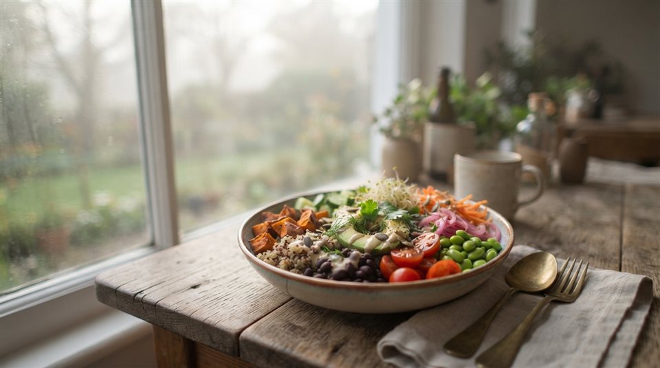 Photorealistic photo of a healthy colorful meal bowl, wide shot with open space at the top for text, misty morning haze, dreamy, 16:9 aspect ratio