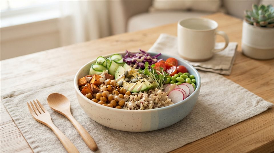 Photorealistic photo of a healthy colorful meal bowl, centered subject with a simple uncluttered composition, soft pastel colors, bright and cozy, 16:9 aspect ratio