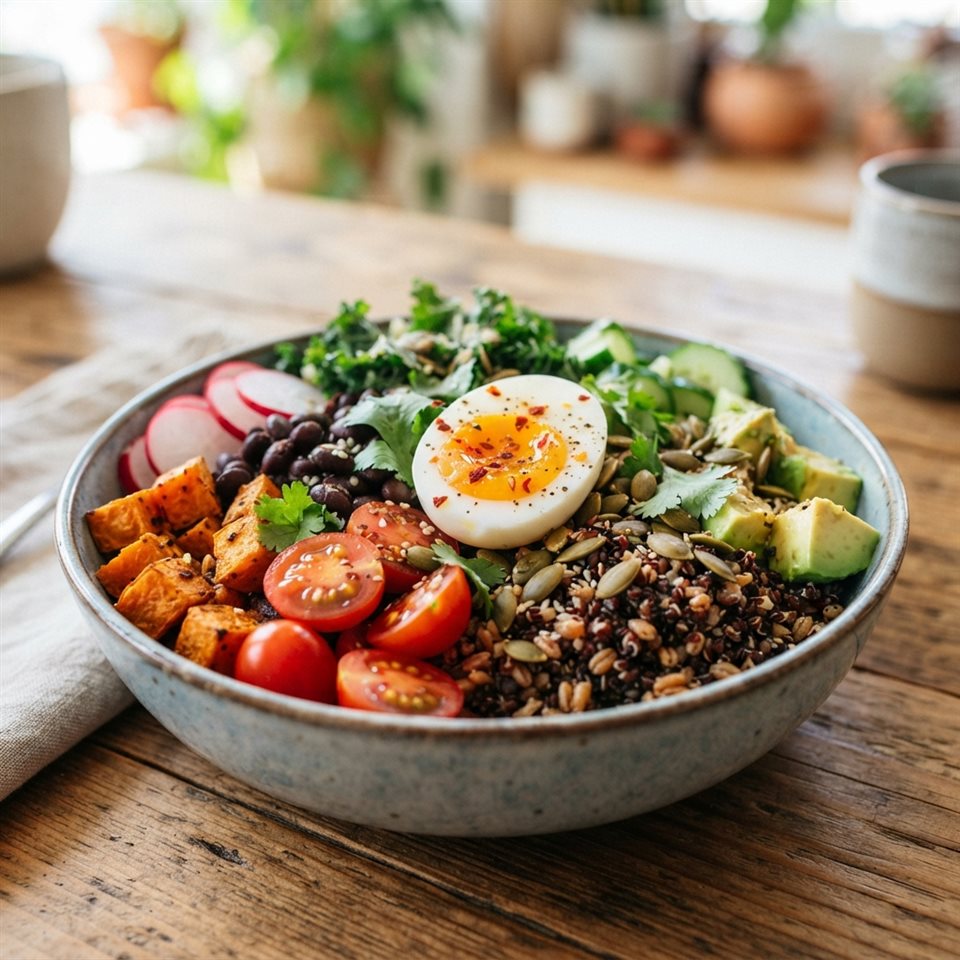 Photorealistic photo of a healthy colorful meal bowl, close-up detail with shallow depth of field, vivid colors, high contrast, energetic, 1:1 aspect ratio