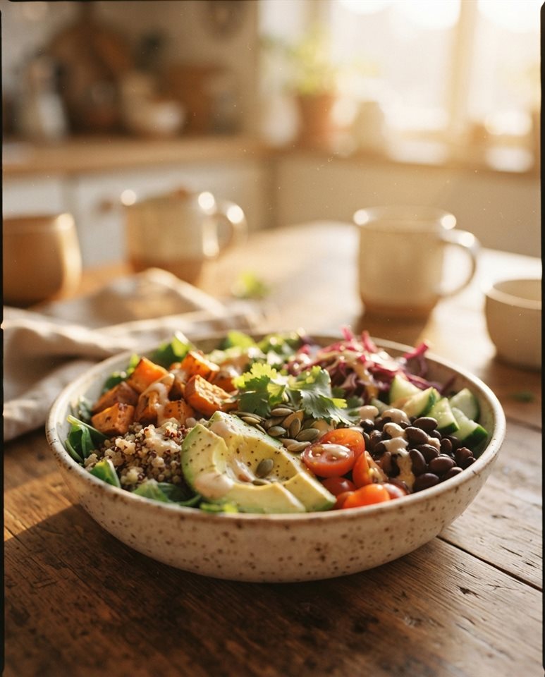 Cinematic film still of a healthy colorful meal bowl, close-up detail with shallow depth of field, warm golden light, calm mood, 4:5 aspect ratio