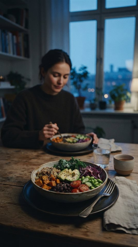 Cinematic film still of a healthy colorful meal bowl, wide shot with open space at the top for text, cool blue tones, quiet atmosphere, 9:16 aspect ratio