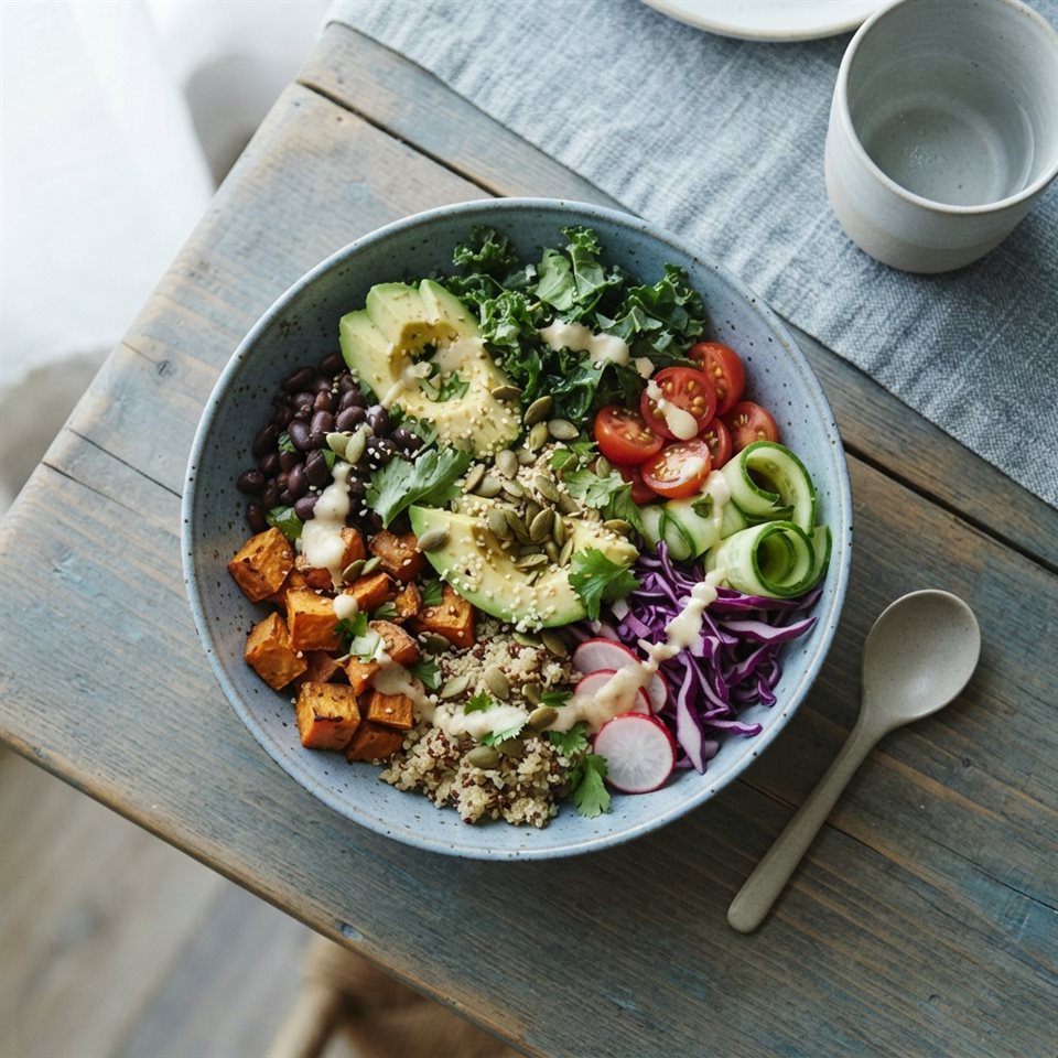 Photorealistic photo of a healthy colorful meal bowl, high-angle view from above, cool blue tones, quiet atmosphere, 1:1 aspect ratio