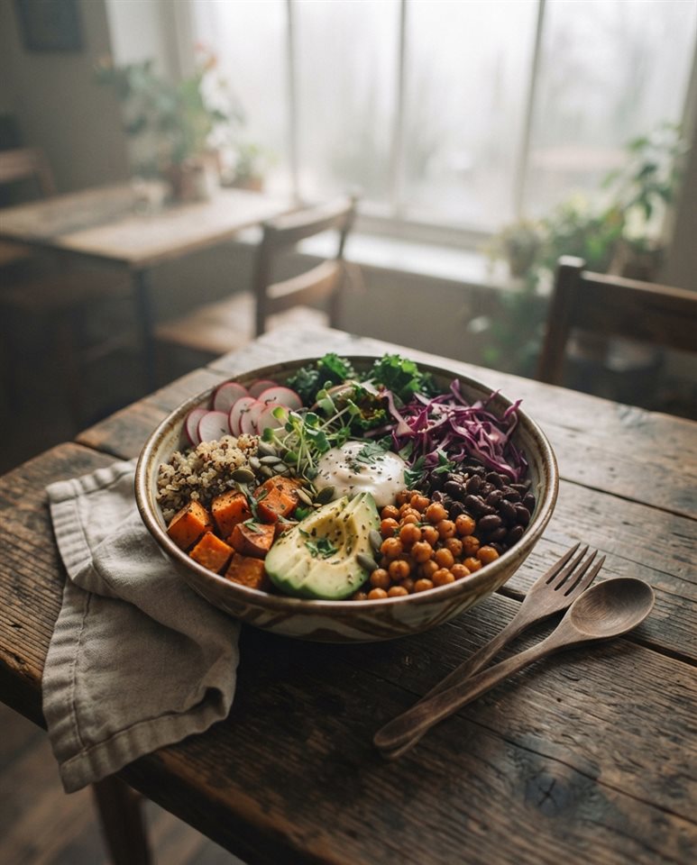 Cinematic film still of a healthy colorful meal bowl, high-angle view from above, misty morning haze, dreamy, 4:5 aspect ratio