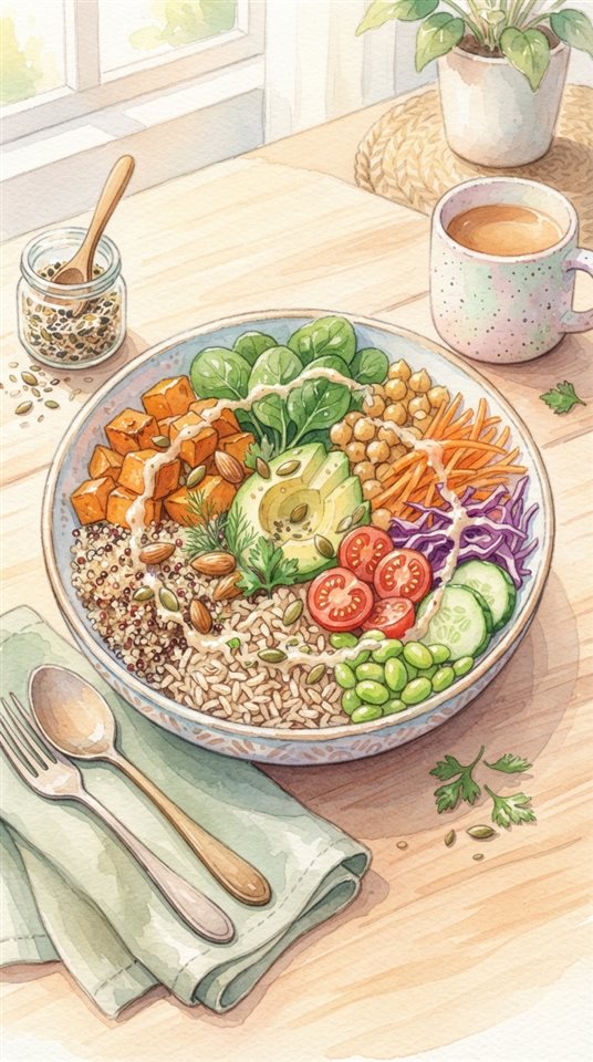 Watercolor illustration of a healthy colorful meal bowl, high-angle view from above, soft pastel colors, bright and cozy, 9:16 aspect ratio