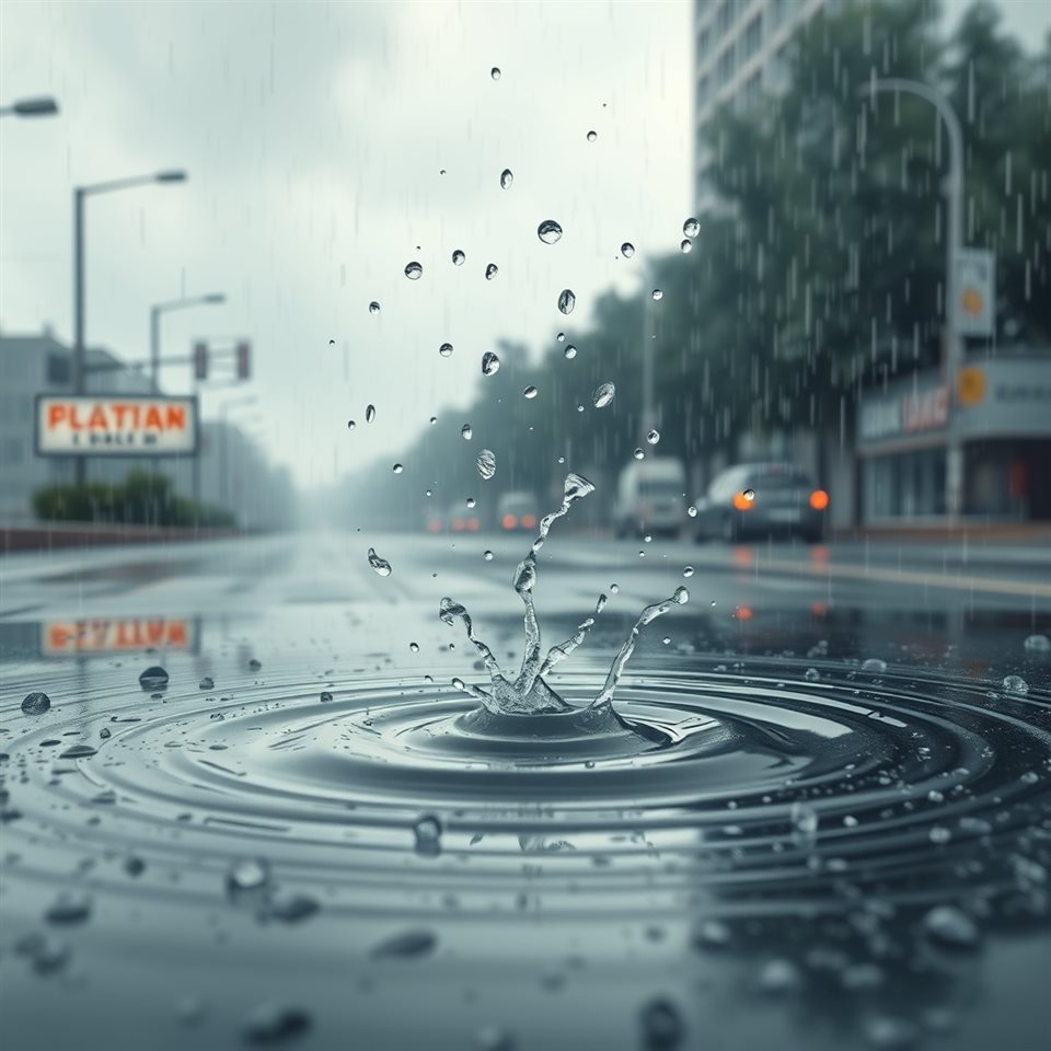 Soft 3D render of Heavy raindrops splashing and creating ripples in a puddle on a stormy day, wide shot with open space at the top for text, misty morning haze, dreamy, 1:1 aspect ratio