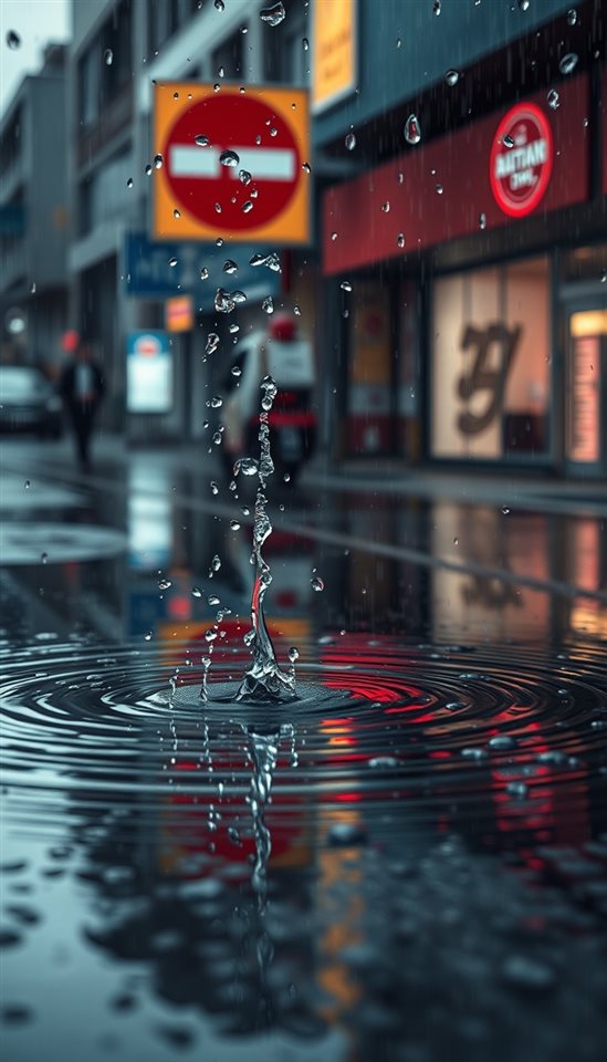 Photorealistic photo of Heavy raindrops splashing and creating ripples in a puddle on a stormy day, close-up detail with shallow depth of field, moody dark tones, dramatic lighting, 9:16 aspect ratio