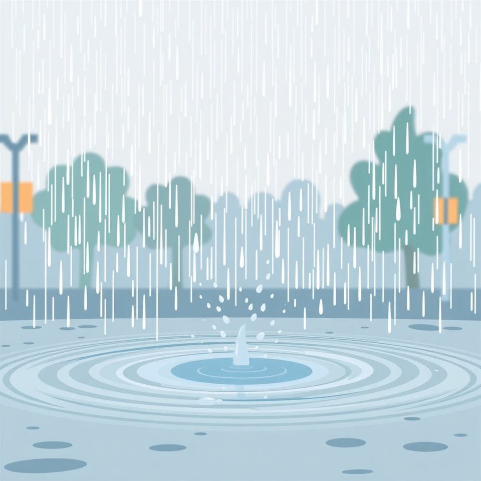 Minimal flat illustration of Heavy raindrops splashing and creating ripples in a puddle on a stormy day, wide shot with open space at the top for text, soft pastel colors, bright and cozy, 1:1 aspect ratio