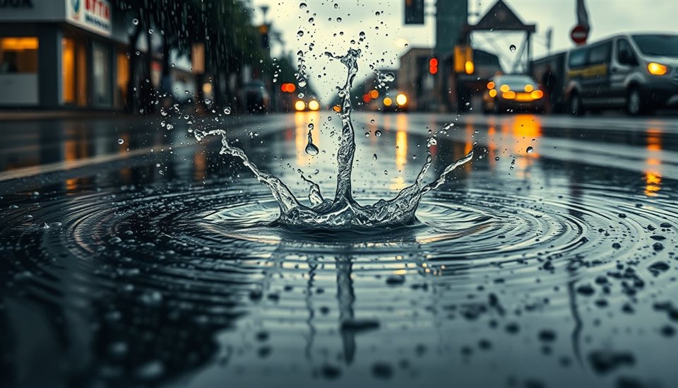 Photorealistic photo of Heavy raindrops splashing and creating ripples in a puddle on a stormy day, centered subject with a simple uncluttered composition, warm golden light, calm mood, 16:9 aspect ratio