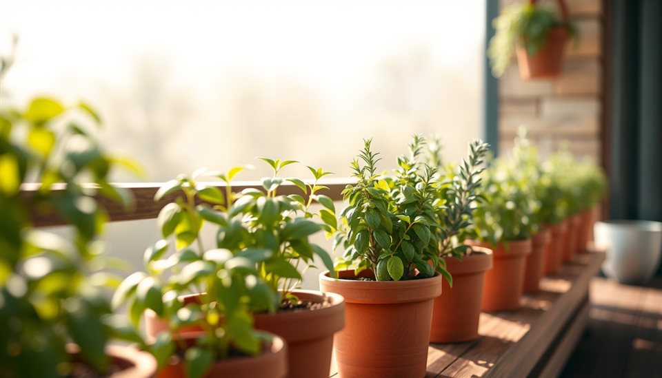 Soft 3D render of Fresh green basil and rosemary plants growing in small pots on a sunny wooden balcony, close-up detail with shallow depth of field, misty morning haze, dreamy, 16:9 aspect ratio