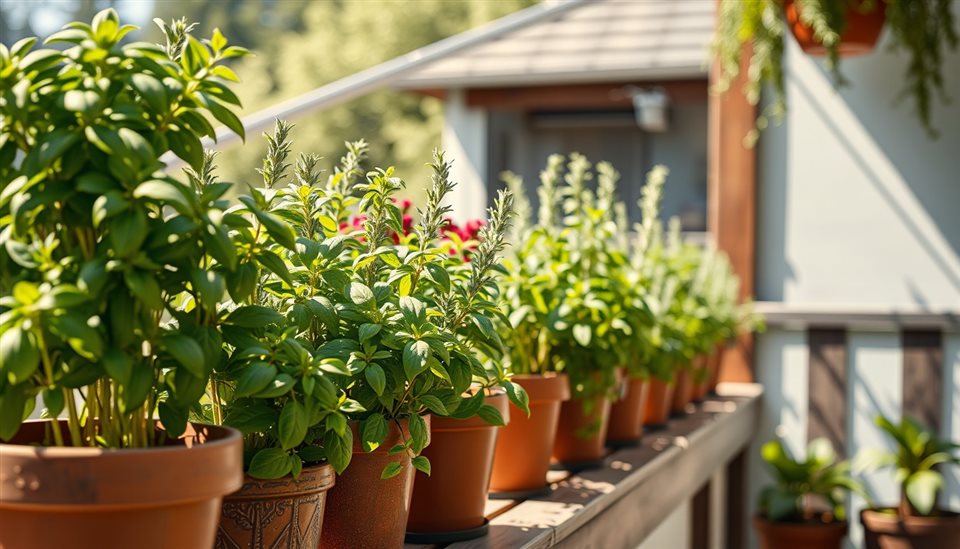 Cinematic film still of Fresh green basil and rosemary plants growing in small pots on a sunny wooden balcony, wide shot with open space at the top for text, vivid colors, high contrast, energetic, 16:9 aspect ratio