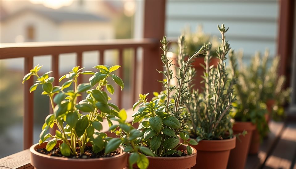 Photorealistic photo of Fresh green basil and rosemary plants growing in small pots on a sunny wooden balcony, close-up detail with shallow depth of field, warm golden light, calm mood, 16:9 aspect ratio