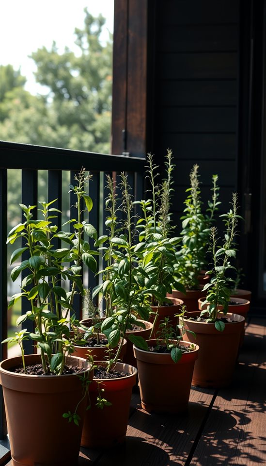 Photorealistic photo of Fresh green basil and rosemary plants growing in small pots on a sunny wooden balcony, wide shot with open space at the top for text, moody dark tones, dramatic lighting, 9:16 aspect ratio