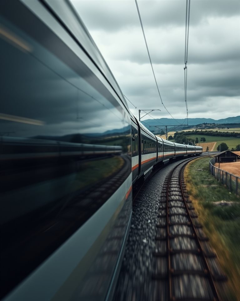 Photorealistic photo of A sleek modern high-speed train blurring past a scenic countryside landscape, close-up detail with shallow depth of field, moody dark tones, dramatic lighting, 4:5 aspect ratio