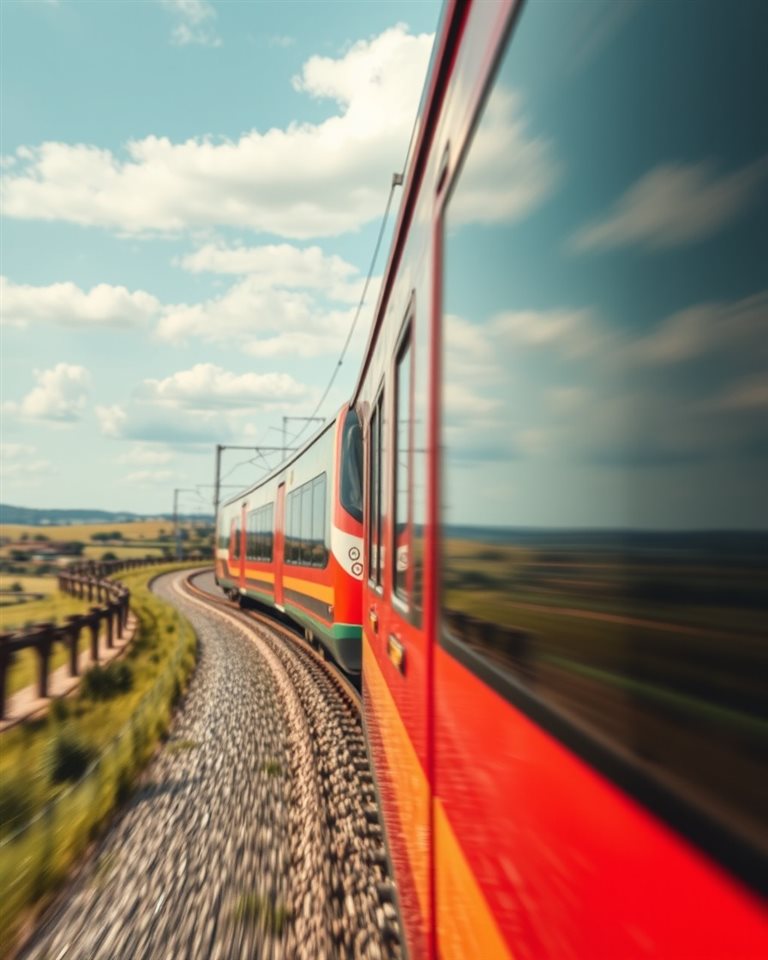 Cinematic film still of A sleek modern high-speed train blurring past a scenic countryside landscape, close-up detail with shallow depth of field, vivid colors, high contrast, energetic, 4:5 aspect ratio