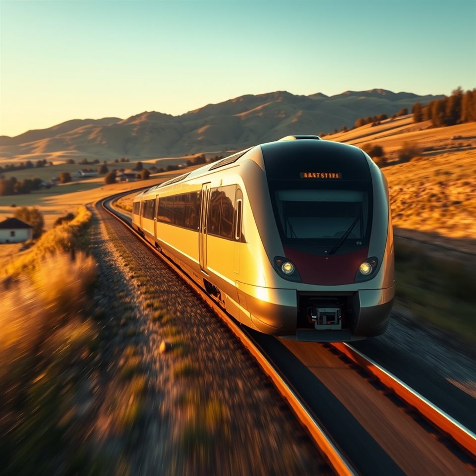 Photorealistic photo of A sleek modern high-speed train blurring past a scenic countryside landscape, centered subject with a simple uncluttered composition, warm golden light, calm mood, 1:1 aspect ratio