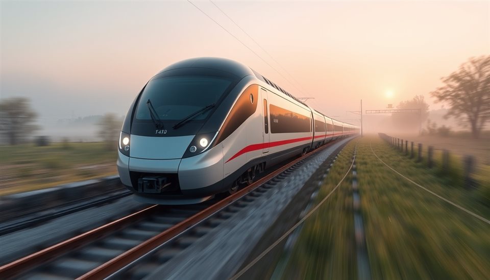 Soft 3D render of A sleek modern high-speed train blurring past a scenic countryside landscape, wide shot with open space at the top for text, misty morning haze, dreamy, 16:9 aspect ratio