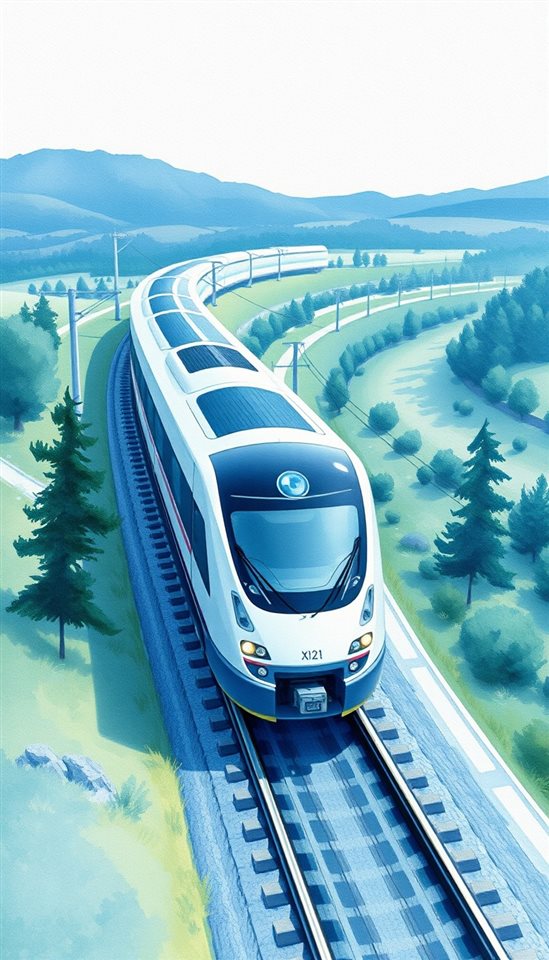 Watercolor illustration of A sleek modern high-speed train blurring past a scenic countryside landscape, high-angle view from above, cool blue tones, quiet atmosphere, 9:16 aspect ratio