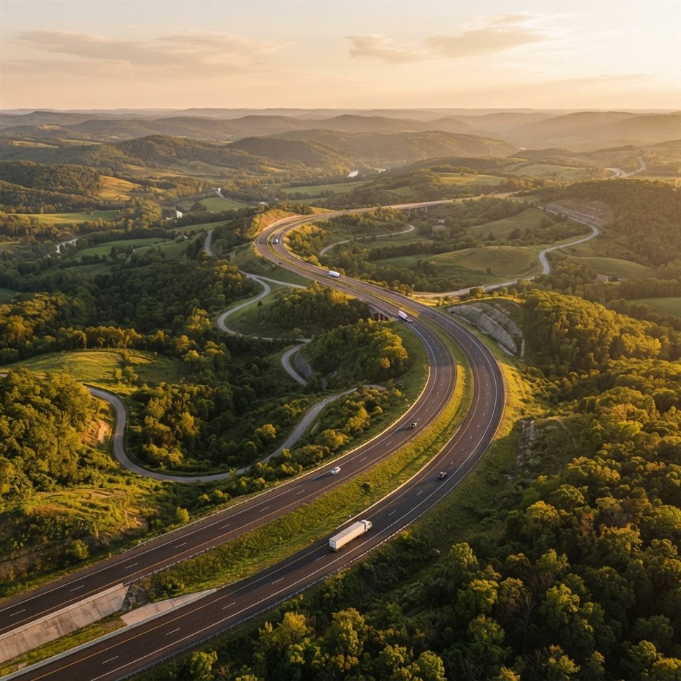 Photorealistic photo of a highway winding through hills, high-angle view from above, warm golden light, calm mood, 1:1 aspect ratio