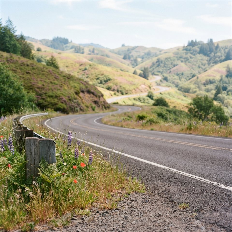 Photorealistic photo of a highway winding through hills, close-up detail with shallow depth of field, soft pastel colors, bright and cozy, 1:1 aspect ratio