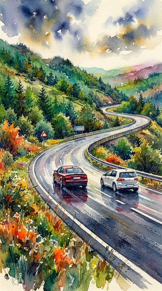 Watercolor illustration of a highway winding through hills, close-up detail with shallow depth of field, vivid colors, high contrast, energetic, 9:16 aspect ratio